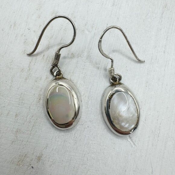 Vintage Mexican Sterling Silver Oval Mother Of Pearl Inlay Dangle Drop Earrings - Picture 2 of 14